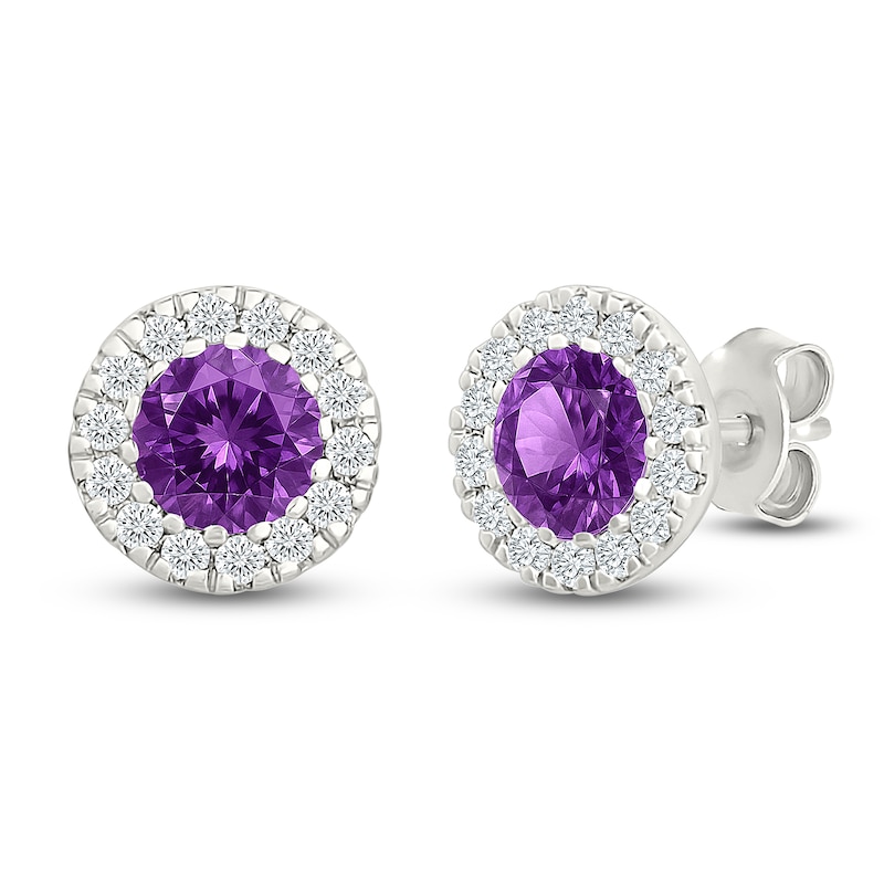 Main Image 2 of Round-Cut Amethyst & Diamond Halo Stud Earrings 1/8 ct tw 10K White Gold