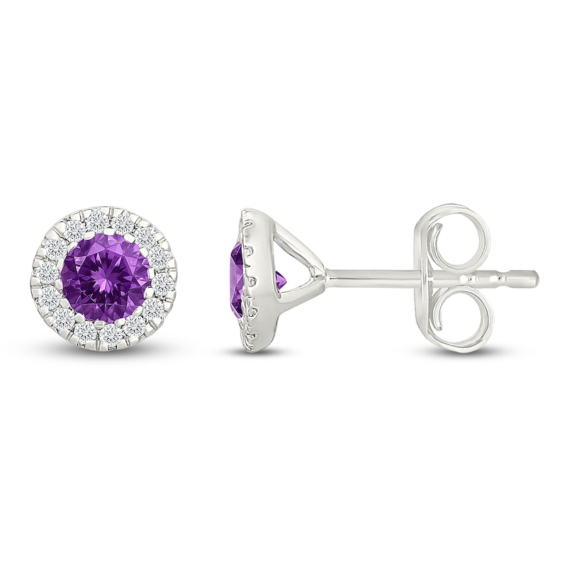 Main Image 3 of Round-Cut Amethyst & Diamond Halo Stud Earrings 1/8 ct tw 10K White Gold