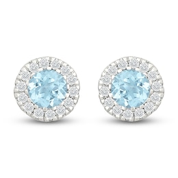 Round-Cut Aquamarine & Diamond Halo Stud Earrings 1/8 ct tw 10K White Gold
