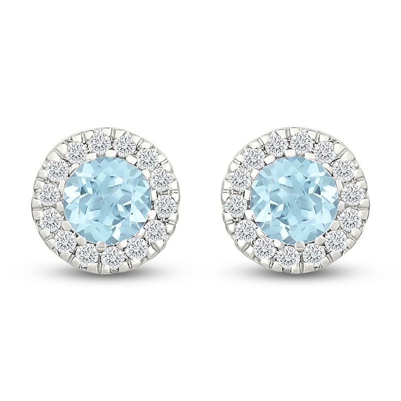 Main Image 1 of Round-Cut Aquamarine & Diamond Halo Stud Earrings 1/8 ct tw 10K White Gold