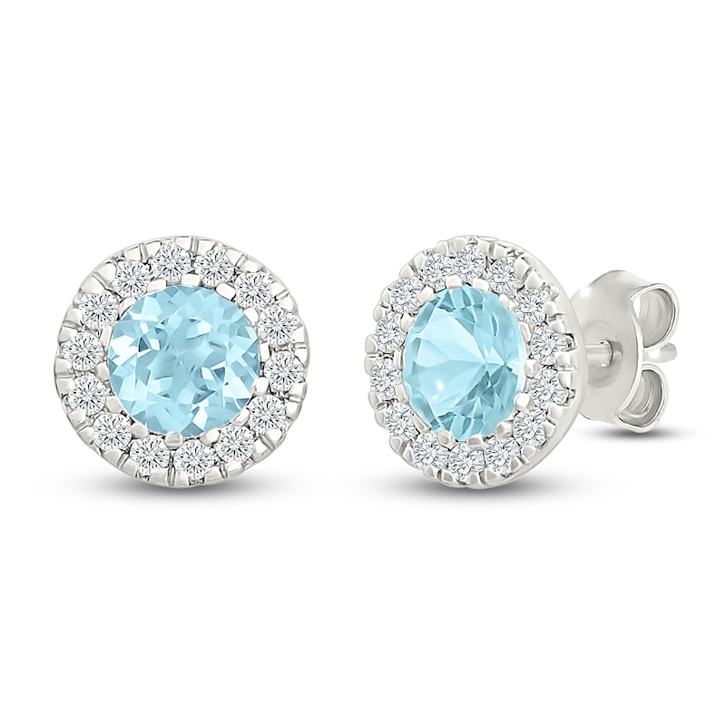 Main Image 2 of Round-Cut Aquamarine & Diamond Halo Stud Earrings 1/8 ct tw 10K White Gold