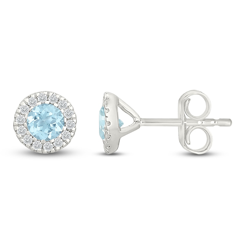 Main Image 3 of Round-Cut Aquamarine & Diamond Halo Stud Earrings 1/8 ct tw 10K White Gold