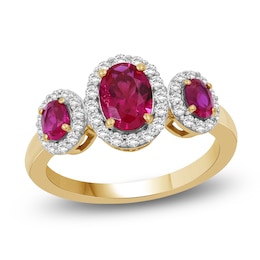 Oval-Cut Natural Ruby & Diamond Three-Stone Halo Ring 1/3 ct tw 10K Yellow Gold