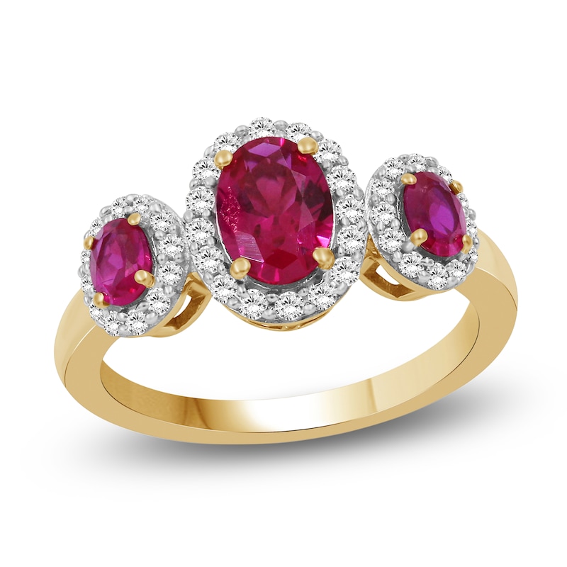 Main Image 1 of Oval-Cut Natural Ruby & Diamond Three-Stone Halo Ring 1/3 ct tw 10K Yellow Gold
