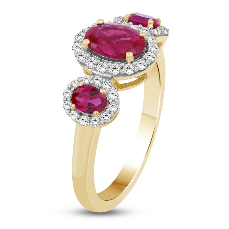 Main Image 2 of Oval-Cut Natural Ruby & Diamond Three-Stone Halo Ring 1/3 ct tw 10K Yellow Gold
