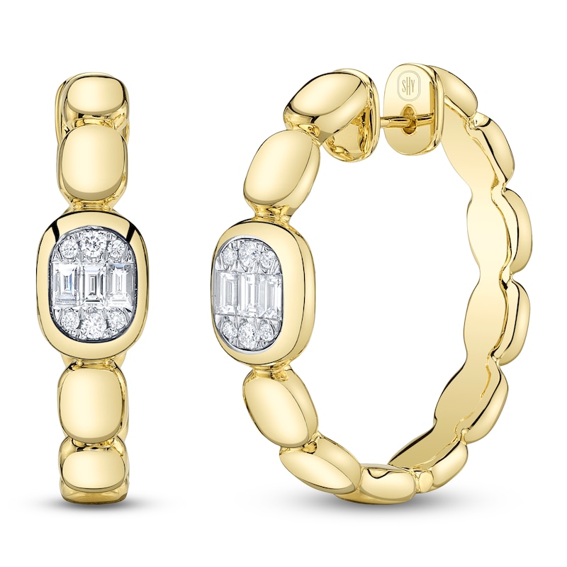 Main Image 2 of Shy Creation Baguette & Round-Cut Multi-Diamond Pillow Hoop Earrings 1/3 ct tw 14K Yellow Gold