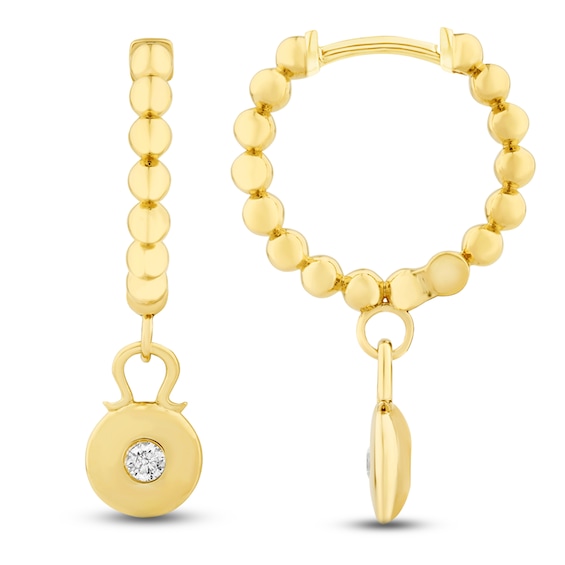 Jared Signature Mini Bezel Collection Diamond Beaded Huggie Hoop Dangle Earrings 1/15 ct tw 14K Yellow Gold