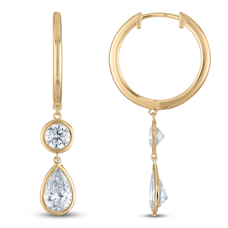 Main Image 1 of Jared Signature Bezel Collection Pear-Shaped & Round-Cut Lab-Grown Diamond Hoop Dangle Earrings 1-1/2 ct tw 14K Yellow Gold