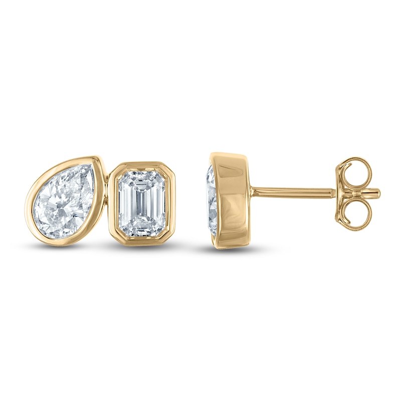 Main Image 1 of Jared Signature Bezel-Set Emerald-Cut & Pear-Shaped Lab-Grown Diamond Toi et Moi Stud Earrings 3 ct tw 14K Yellow Gold