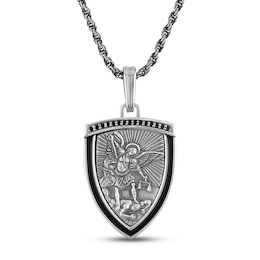 1933 by Esquire Men's Black Spinel Saint Michael's Shield Necklace Sterling Silver 22"