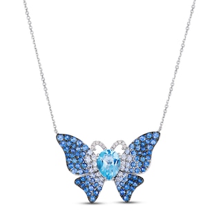 Le Vian Pear-Shaped Natural Sky Blue Topaz, Blue & White Sapphire Butterfly Necklace 1/20 ct tw Diamonds 14K Vanilla Gold 19"