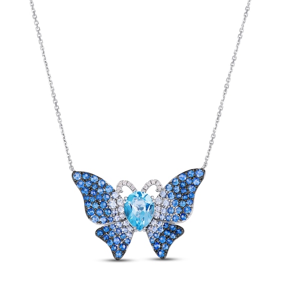 Le Vian Pear-Shaped Natural Sky Blue Topaz, Blue & White Sapphire Butterfly Necklace 1/20 ct tw Diamonds 14K Vanilla Gold 19"