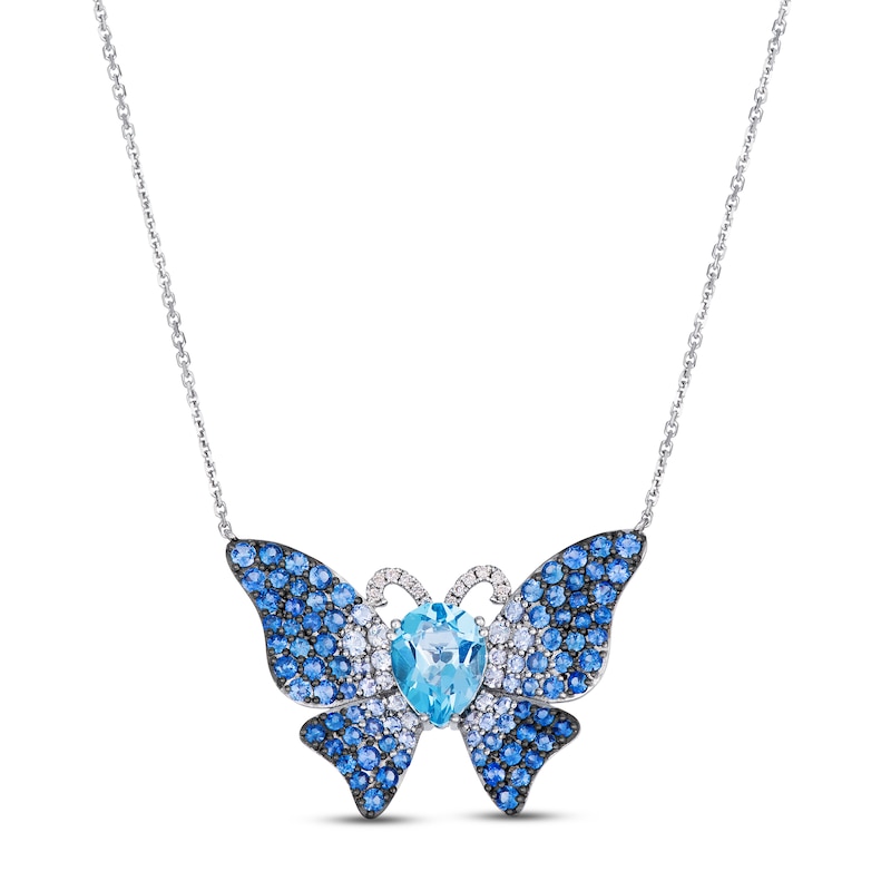 Main Image 1 of Le Vian Pear-Shaped Natural Sky Blue Topaz, Blue & White Sapphire Butterfly Necklace 1/20 ct tw Diamonds 14K Vanilla Gold 19"