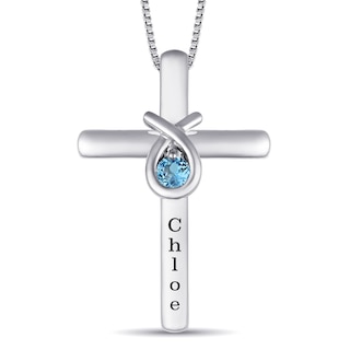 Round Birthstone Cross Teardrop Necklace (1 Stone and Line)