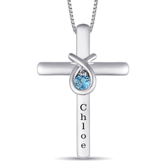 Round Birthstone Cross Teardrop Necklace (1 Stone and Line)