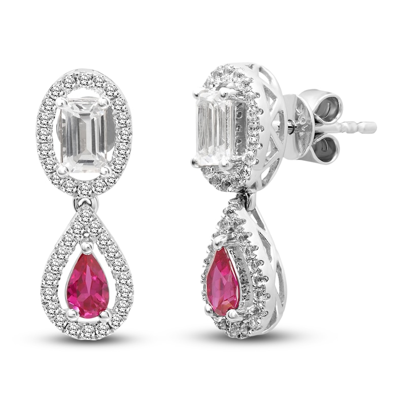 Main Image 2 of Lab-Created Ruby & White Lab-Created Sapphire Teardrop Earrings 10K White Gold