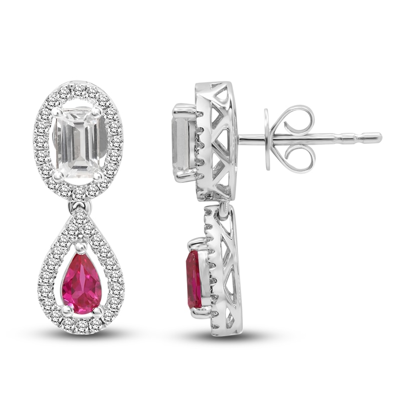 Main Image 3 of Lab-Created Ruby & White Lab-Created Sapphire Teardrop Earrings 10K White Gold