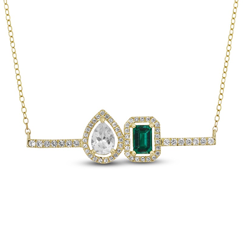 Main Image 1 of Lab-Created Emerald & White Lab-Created Sapphire Necklace 10K Yellow Gold 18"