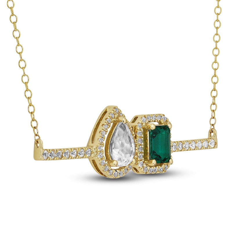 Main Image 3 of Lab-Created Emerald & White Lab-Created Sapphire Necklace 10K Yellow Gold 18"