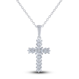 Diamond Cross Pendant Necklace 1/4 ct tw Round/Baguette 14K White Gold 18"