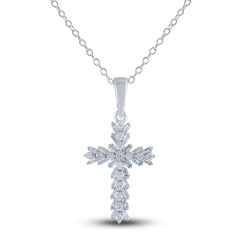 Main Image 1 of Diamond Cross Pendant Necklace 1/4 ct tw Round/Baguette 14K White Gold 18"
