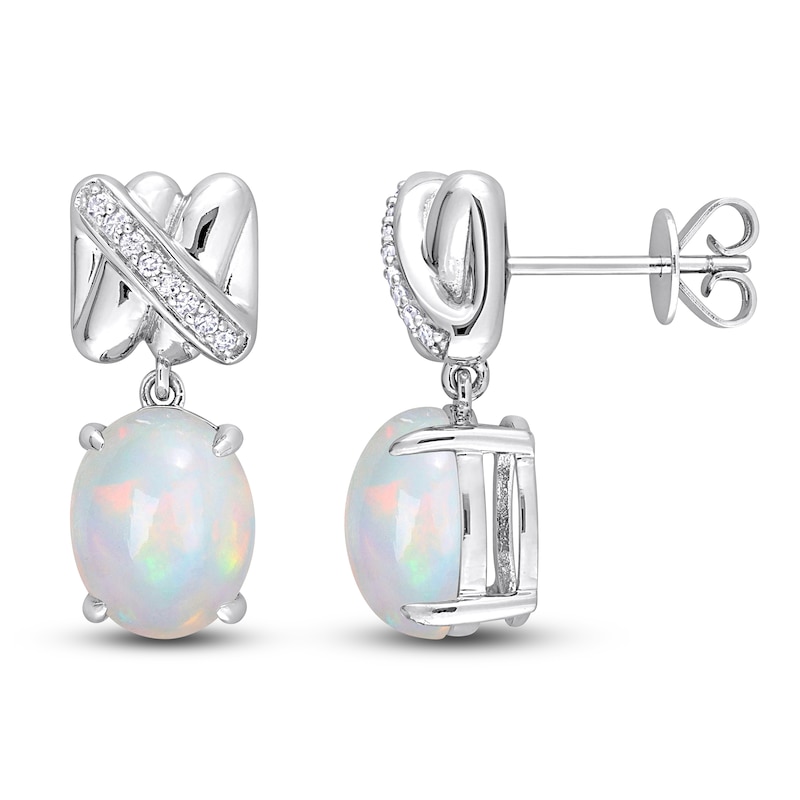 Main Image 1 of Y-Knot Natural Opal Dangle Earrings 1/15 ct tw Diamonds 14K White Gold