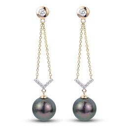 Tahitian Freshwater Cultured Pearl Earrings 1/6 ct tw Diamonds 14K Yellow Gold