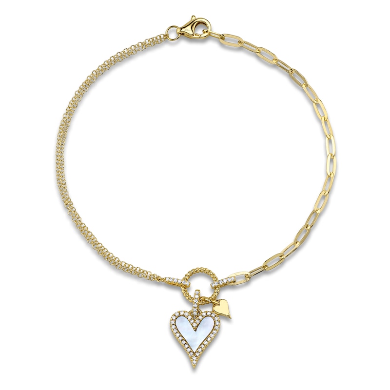 Shy Creation Mother-of-Pearl Heart Bracelet 1/8 ct tw Diamonds 14K Yellow Gold 7" SC55027314