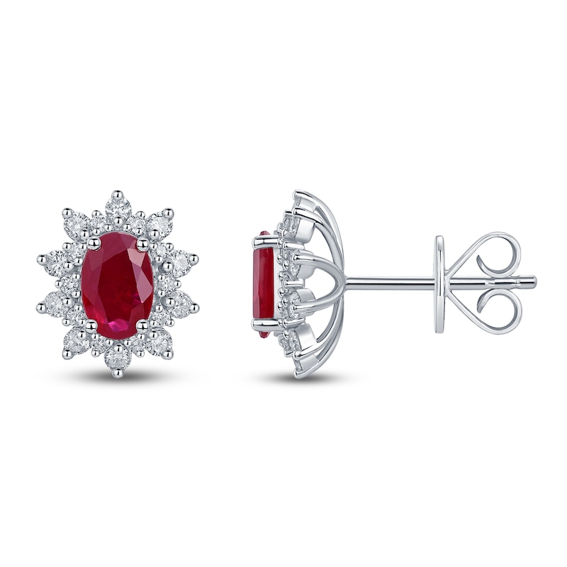 Main Image 2 of Oval-Cut Natural Ruby & Diamond Starburst Earrings 1/3 ct tw 14K White Gold