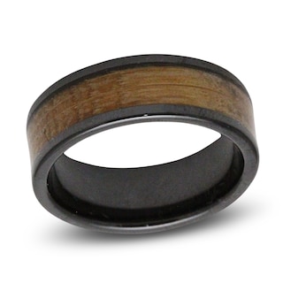 Rare Bond Men's 8mm Whiskey Barrel Wood Inlay Wedding Band Black Ceramic