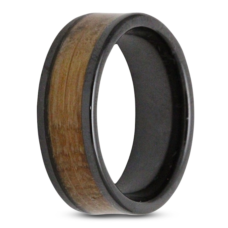 Main Image 2 of Men's 8mm Whiskey Barrel Wood Inlay Wedding Band Black Ceramic