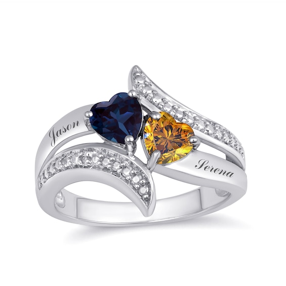 Couple's Heart Birthstone Split Shank Bypass Ring (2 Stones and Lines)