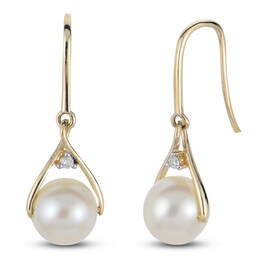 Cultured Pearl & Diamond Accent Wishbone Dangle Earrings 10K Yellow Gold