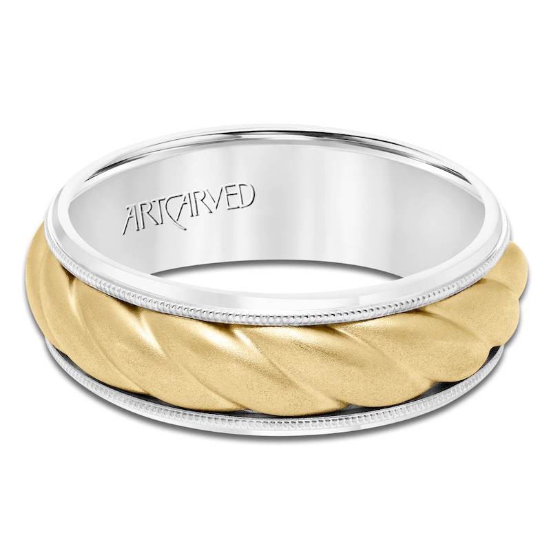 Main Image 3 of ArtCarved Men's Satin Twist Wedding Band 14K Two-Tone Gold 7mm