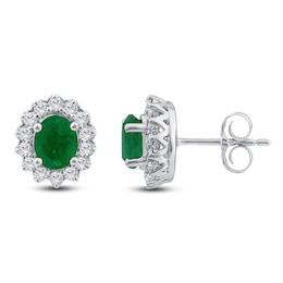 Oval-Cut Natural Emerald & Diamond Halo Earrings 1/5 ct tw 14K White Gold
