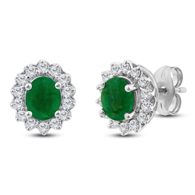 Main Image 2 of Oval-Cut Natural Emerald & Diamond Halo Earrings 1/5 ct tw 14K White Gold