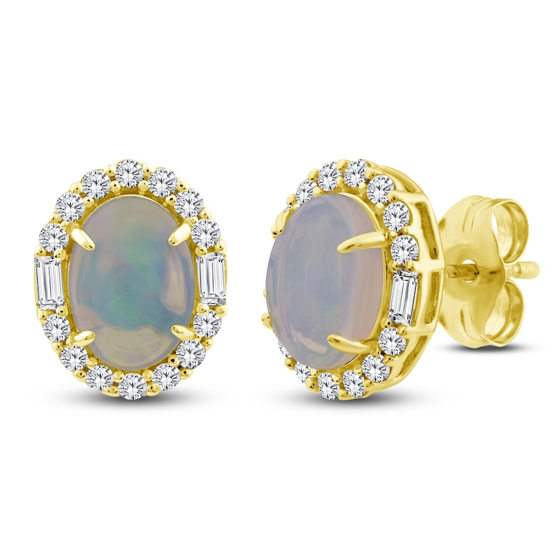 Main Image 2 of Oval-Cut Natural Opal & Diamond Halo Earrings 1/4 ct tw 14K Yellow Gold