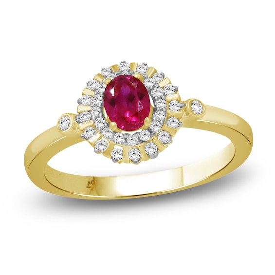 Oval-Cut Natural Ruby & Diamond Double Halo Ring 1/5 ct tw 10K Yellow Gold