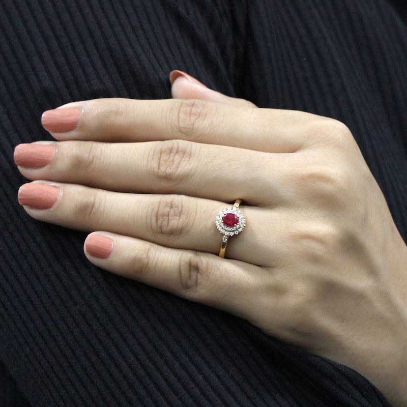Main Image 3 of Oval-Cut Natural Ruby & Diamond Double Halo Ring 1/5 ct tw 10K Yellow Gold