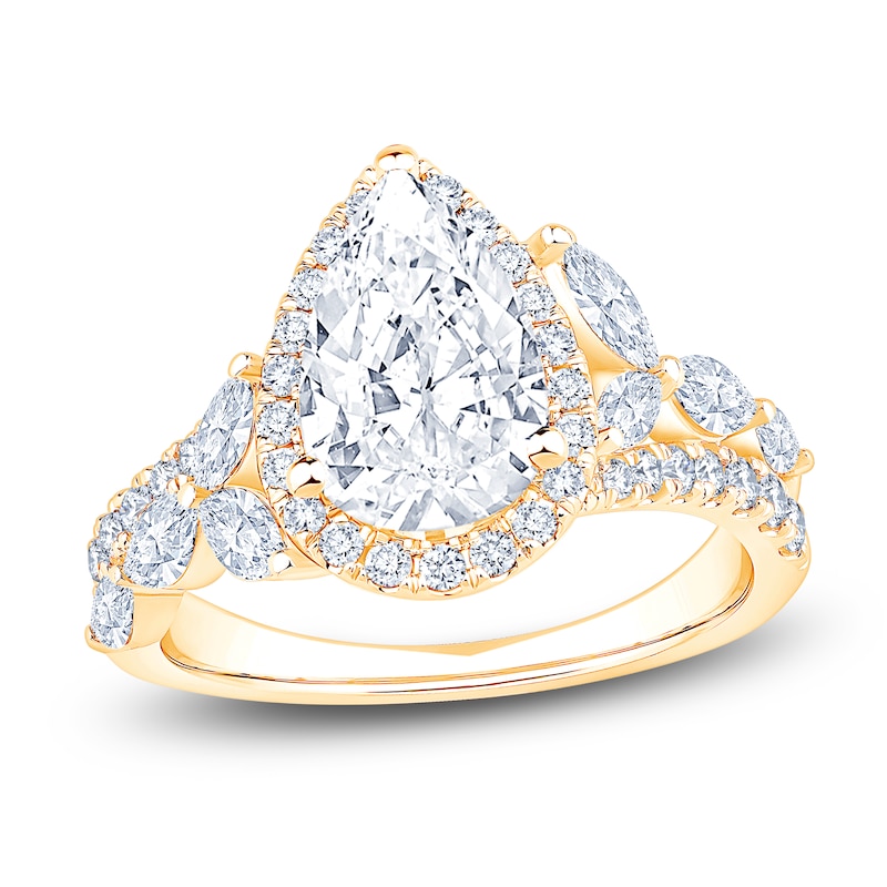 Main Image 1 of Pear-Shaped Lab-Grown Diamond Floral-Inspired Engagement Ring 3 ct tw 14K Yellow Gold