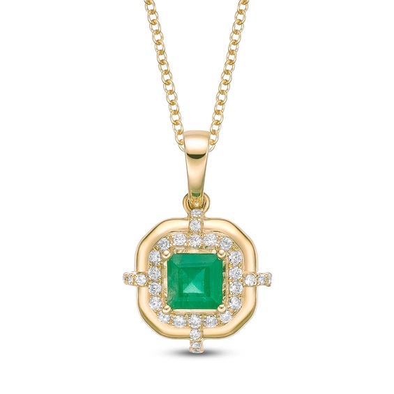 Square-Cut Natural Emerald & Diamond Frame Necklace 1/5 ct tw 10K Yellow Gold 18"