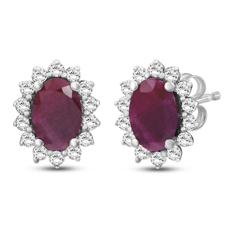 Main Image 1 of Oval-Cut Certified Ruby & Diamond Starburst Halo Stud Earrings 1/4 ct tw 14K White Gold