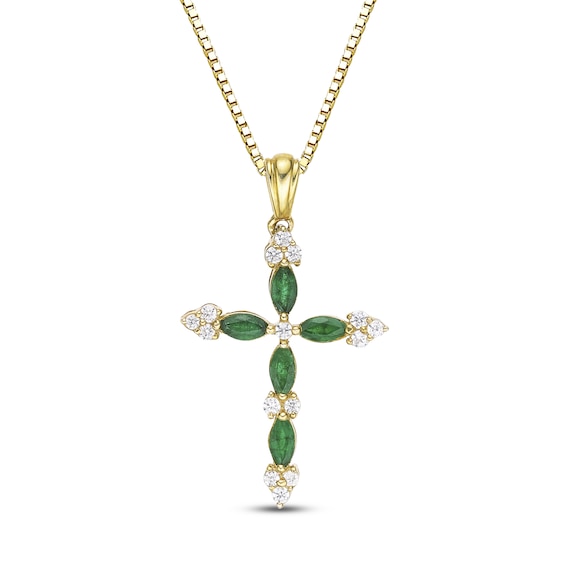 Marquise-Cut Natural Emerald & Diamond Cross Necklace 1/6 ct tw 14K Yellow Gold 18"
