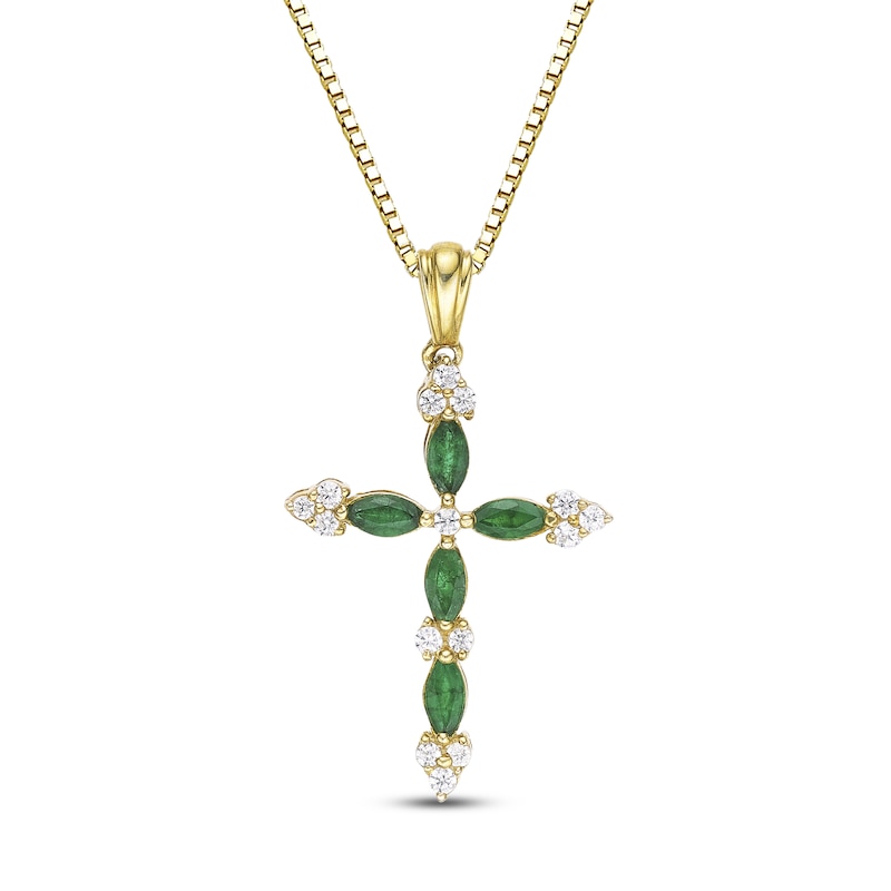 Main Image 1 of Marquise-Cut Natural Emerald & Diamond Cross Necklace 1/6 ct tw 14K Yellow Gold 18"