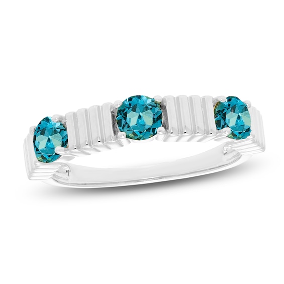 London Blue Topaz Three-Stone Ribbed Fashion Ring 10K White Gold
