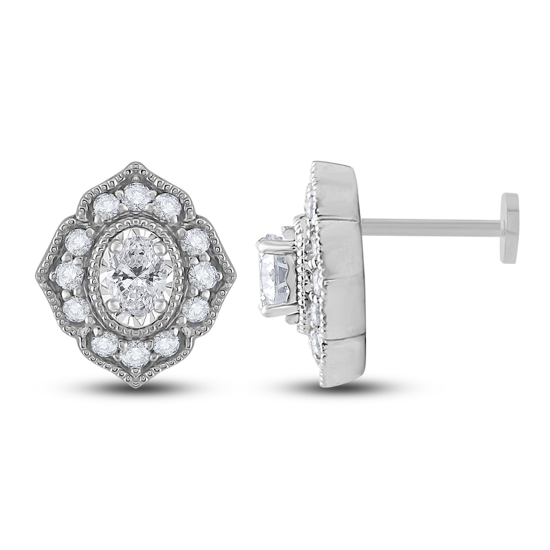 Main Image 1 of Diamond Flat Back Stud Earrings 1/3 ct tw Oval/Round 14K White Gold