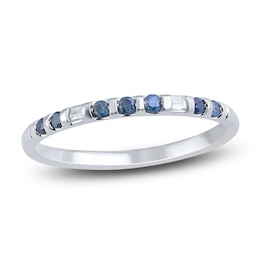 Blue & White Diamond Stackable Anniversary Band 1/6 ct tw Round/Baguette 14K White Gold