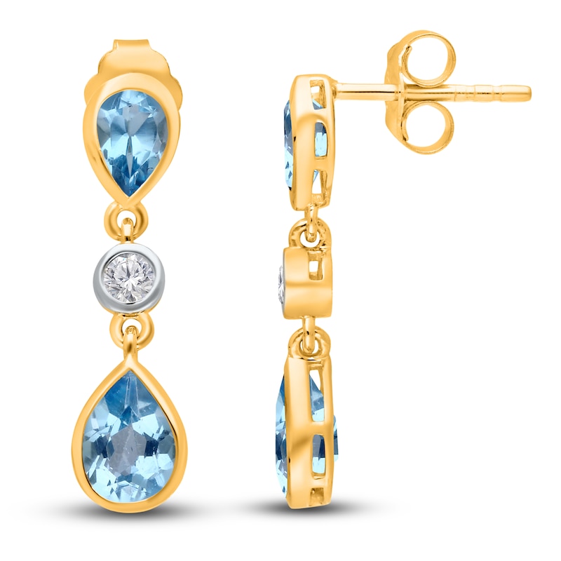 Kallati Pear-Shaped Natural Blue Topaz Dangle Earrings 1/20 ct tw Diamonds 14K Yellow Gold