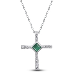 Natural Emerald & Diamond Cross Pendant 1/10 ct tw 14K White Gold