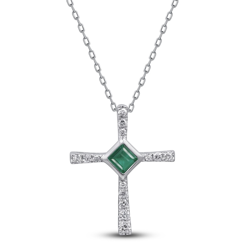 Main Image 1 of Natural Emerald & Diamond Cross Pendant 1/10 ct tw 14K White Gold